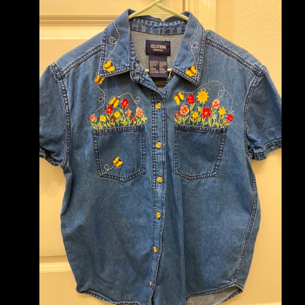 Embroidered denim button down